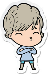 sticker of a cartoon woman thinking