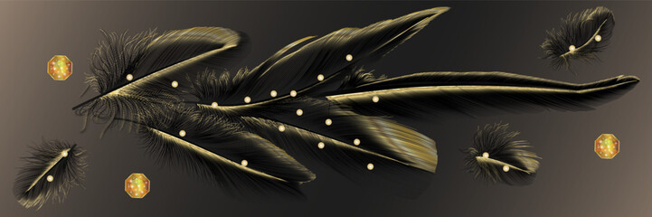 Set of modern creative gold and black feathers and feathered butterfly. Illustrations for home decor, banners, and prints. Vector illustration.