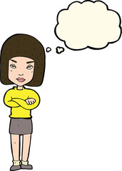 cartoon woman with crossed arms with thought bubble