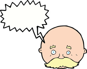 cartoon bald man with mustache with speech bubble