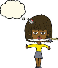 cartoon woman with knife between teeth with thought bubble