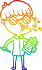 rainbow gradient line drawing cartoon boy wearing spectacles with clip board