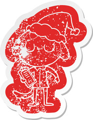cute cartoon distressed sticker of a dog wearing office shirt wearing santa hat