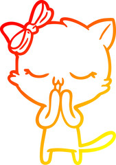 warm gradient line drawing cartoon cat with bow on head