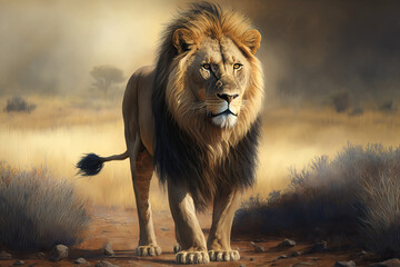 Naklejka na ściany i meble a lion standing in the middle of the savannah, photorealism, generative AI