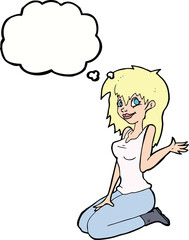 cartoon pretty girl waving with thought bubble