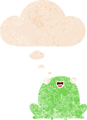 cartoon frog and thought bubble in retro textured style