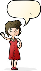cartoon hippie woman waving with speech bubble