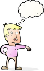 cartoon man making camp gesture with thought bubble