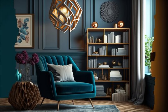 Contemporary Sophistication: Stylish Living Room Interior with a Wide Cross-Angled Leather Armchair, Enhanced by Stunning Carpet Decor.