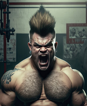 Abstract Illustration, Extremely Muscular Man Working Out, Large Tunnel In Both Ears, Screaming From Exertion