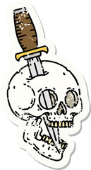 traditional distressed sticker tattoo of a skull and dagger