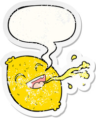 cartoon squirting lemon and speech bubble distressed sticker