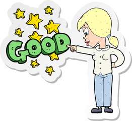 sticker of a cartoon woman pointing out the good