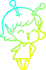 cold gradient line drawing cartoon alien girl laughing