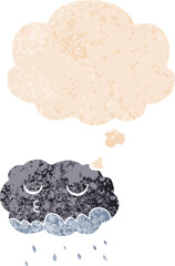 cartoon rain cloud and thought bubble in retro textured style