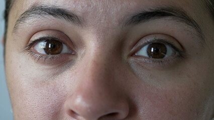 Macro close up of a woman face looking at camera. Casual Female person eye