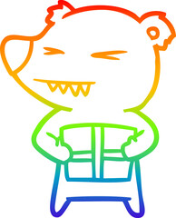 rainbow gradient line drawing angry bear cartoon with gift