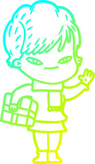 cold gradient line drawing cartoon happy woman