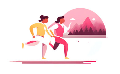 Non-Binary Couple Out Jogging In Nature Flat Gradient Illustration, Outdoors Physical Exercise, Modern Family, Isolated on White Vector Style Generative AI