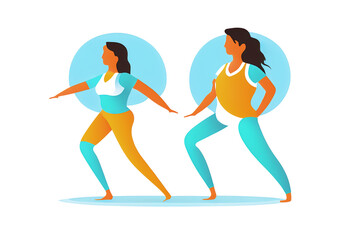 Friends Active in Pilates Class Flat Minimalist Illustration, Indoors Physical Exercise, Simple Concept, Isolated on White Vector Style Generative AI