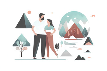 Married Couple Thinking of Future Home Loan Together, Outdoors Abstract Background Flat Gradient Illustration, Family Unit, Isolated on White Vector Style Generative AI