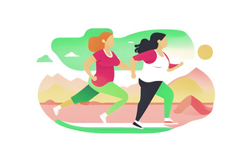 Modern Woman Couple Exercising Outdoors, Body Positive Jogging Pair of Women, Lesbian Family Unit, Isolated on White Vector Style Generative AI