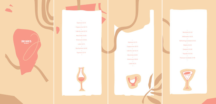 Drinks menu. Vector template. Minimalist style. Abstract forms, stylized images of glasses for wine, coffee, cocktail. Lines and abstract design elements. Yellow pastel color. List, flyer, card
