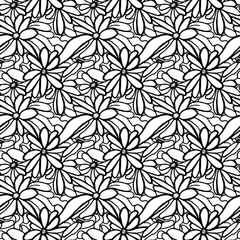 Black and White seamless pattern of flower in doodle art style