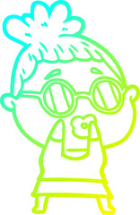 cold gradient line drawing cartoon woman wearing spectacles