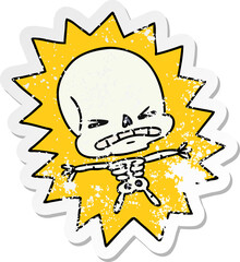 distressed sticker cartoon of a scary skeleton