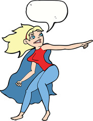 cartoon superhero woman pointing with speech bubble