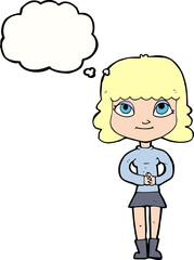 cartoon happy woman with thought bubble