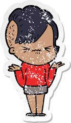 distressed sticker of a cartoon annoyed hipster girl