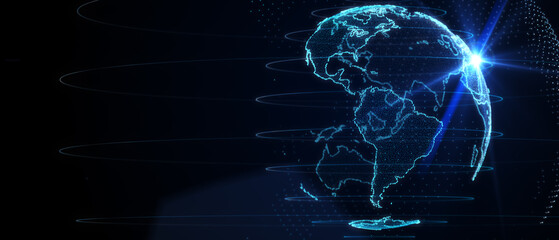 Blue futuristic background with planet Earth. Composition, representing the global, network connection, international meaning. Global social network. 3d illustration.