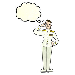 cartoon military man in dress uniform with thought bubble