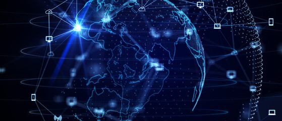 Blue futuristic background with planet Earth. Composition, representing the global, network connection, international meaning. Global social network. 3d illustration.
