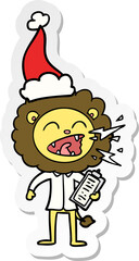 sticker cartoon of a roaring lion doctor wearing santa hat