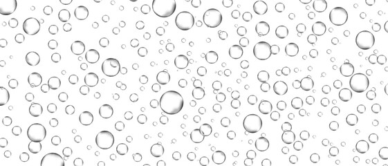 Water bubbles set isolated on white background. Air water bubbles for soda effect, transparent backdrop, icon design, champagne bubbles, texture and wallpaper. Water drops pattern, vector illustration