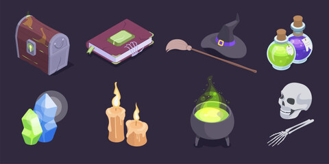 Isometric witchcraft set. Magic spell book, cauldron, poison, skull and magic chest 3d vector illustration set. Witchcraft collection