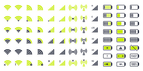 Mobile phone indicators. Smartphone wifi and battery icons, 5G and wifi signal strength, battery charge levels flat vector illustration set. Network wireless symbols