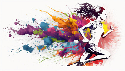 Fototapeta na wymiar Illustration of running athletics woman. Young girl participates in sports activities, athletics competitions. Advertising banner with copy space to display subtitles. Splash horizontal. Generative AI