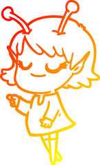 warm gradient line drawing smiling alien girl cartoon
