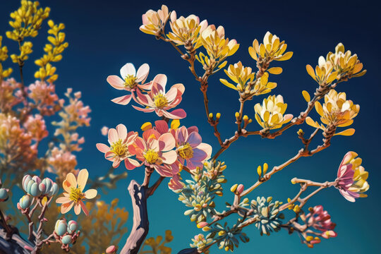 painted picture colorful flowers, close up, yellow and pink flowers on branch