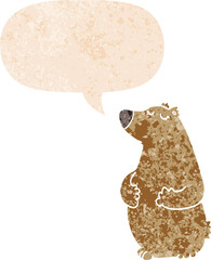 cartoon bear and speech bubble in retro textured style