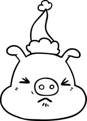line drawing of a angry pig face wearing santa hat