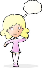 cartoon friendly woman waving with thought bubble