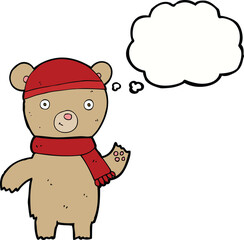 cartoon waving teddy bear with thought bubble