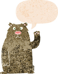 cartoon bear and speech bubble in retro textured style