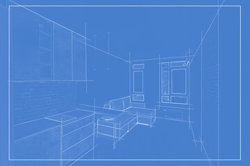 Line sketch of the interior living room.